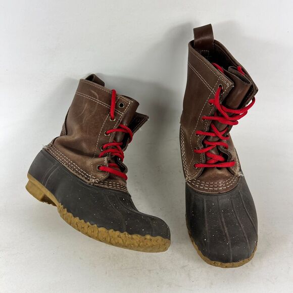 L.L.Bean Women's 7 Brown Buffalo Leather Lace-Up Mid Calf Round Toe Duck Boots - Picture 1 of 9